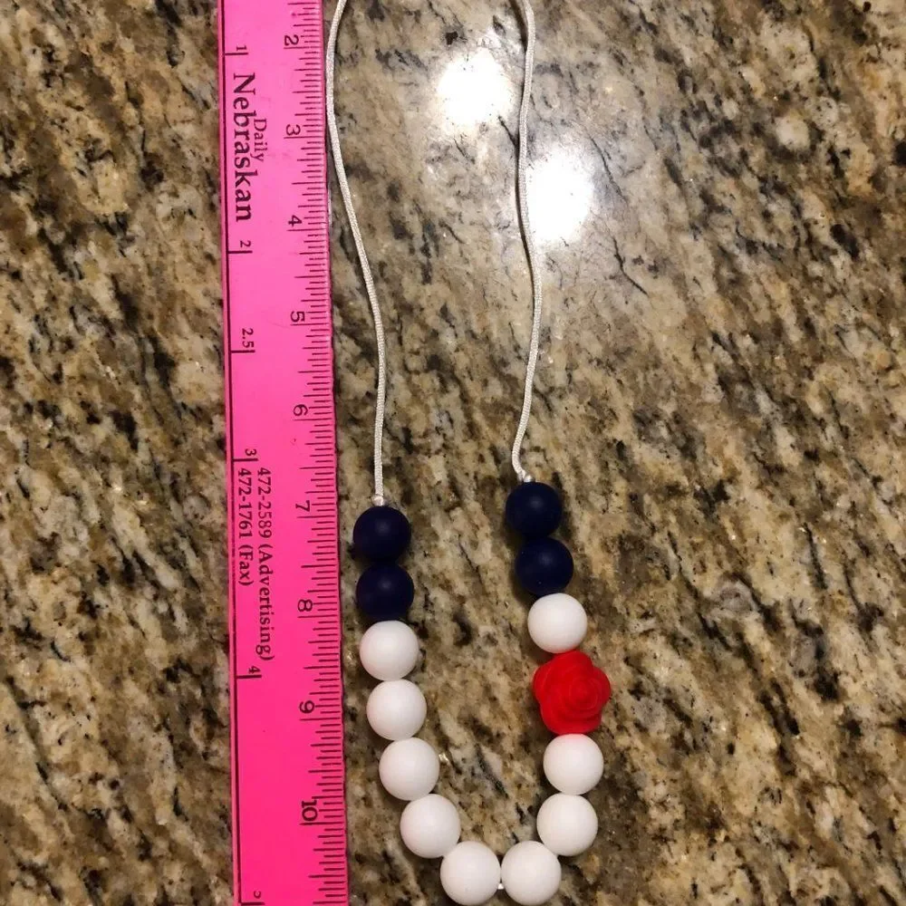 Red Rose with White & Blue Silcone Teething Necklace NK1521 Handmade NWT